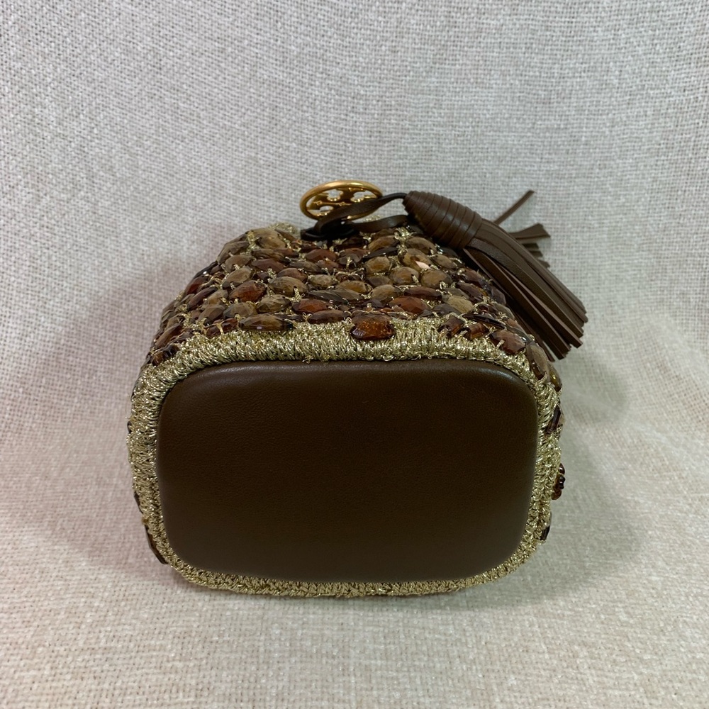 NEW Tory Burch Soft Fleming Gold Crochet Jewel Mini Bucket Tote/Crossbody Bag - Picture 8 of 16